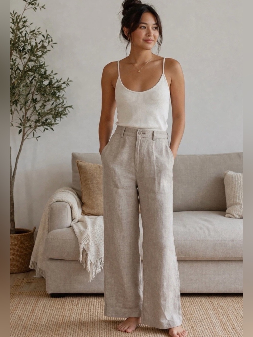Garnet Hill Modern Flax Linen Trouser Pants Size 8 Wide Leg Sand Lagenlook